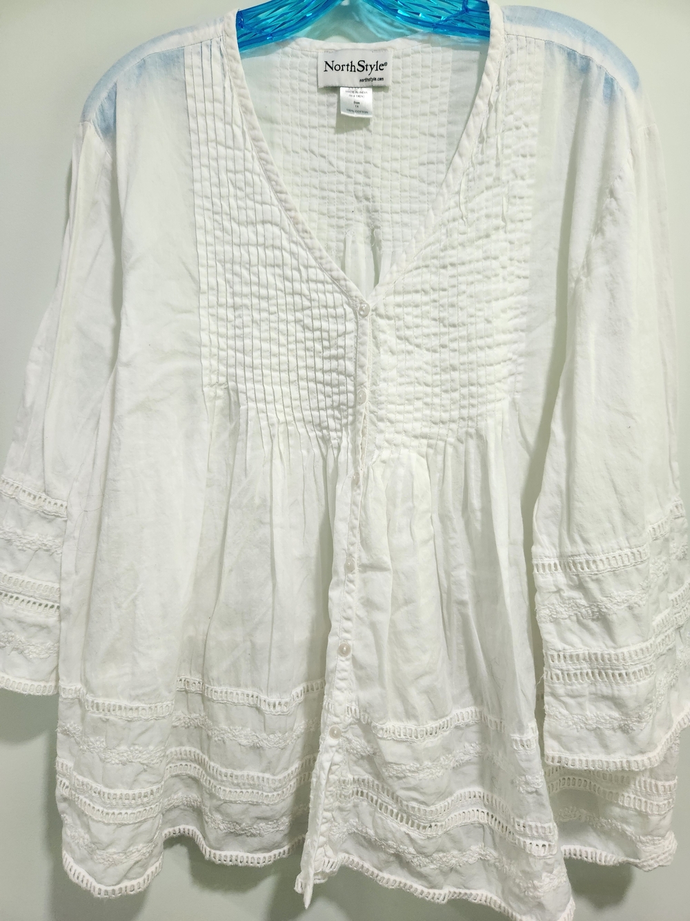 NorthStyle White Pintuck & Lace Button-Front Peasant Blouse